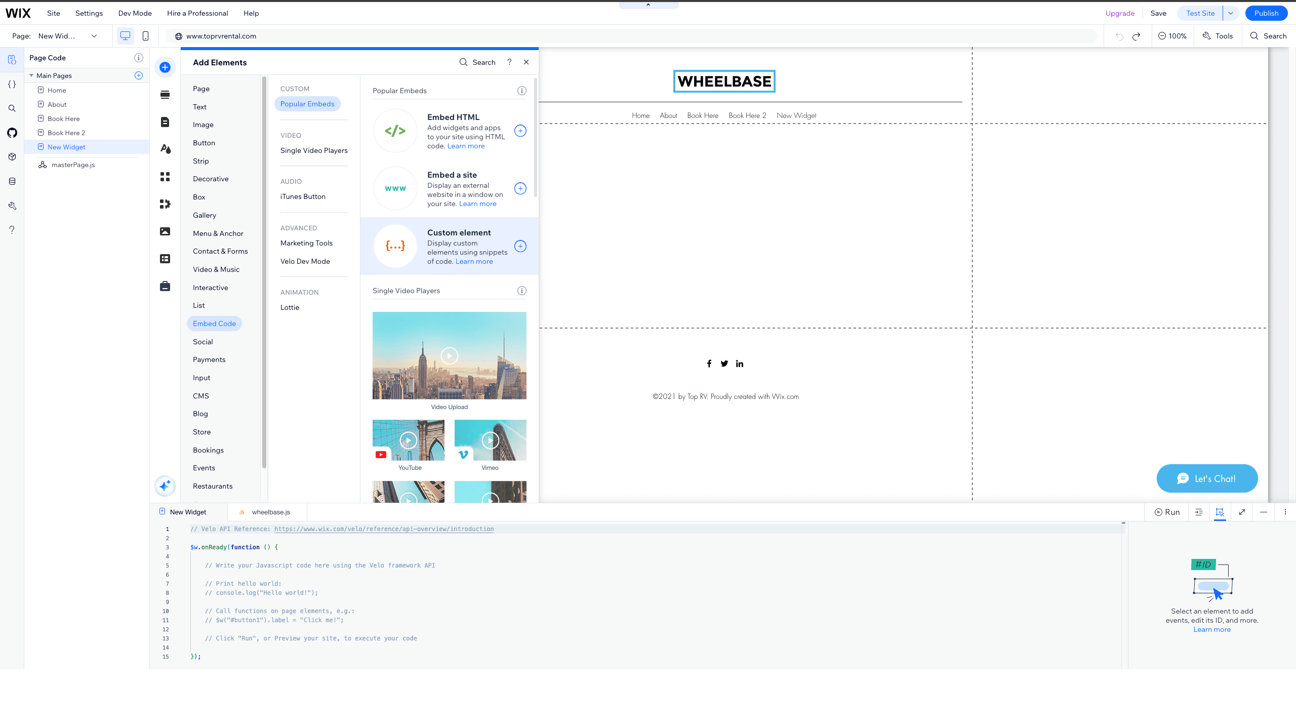 Adding a Custom Element from the Embed Code menu