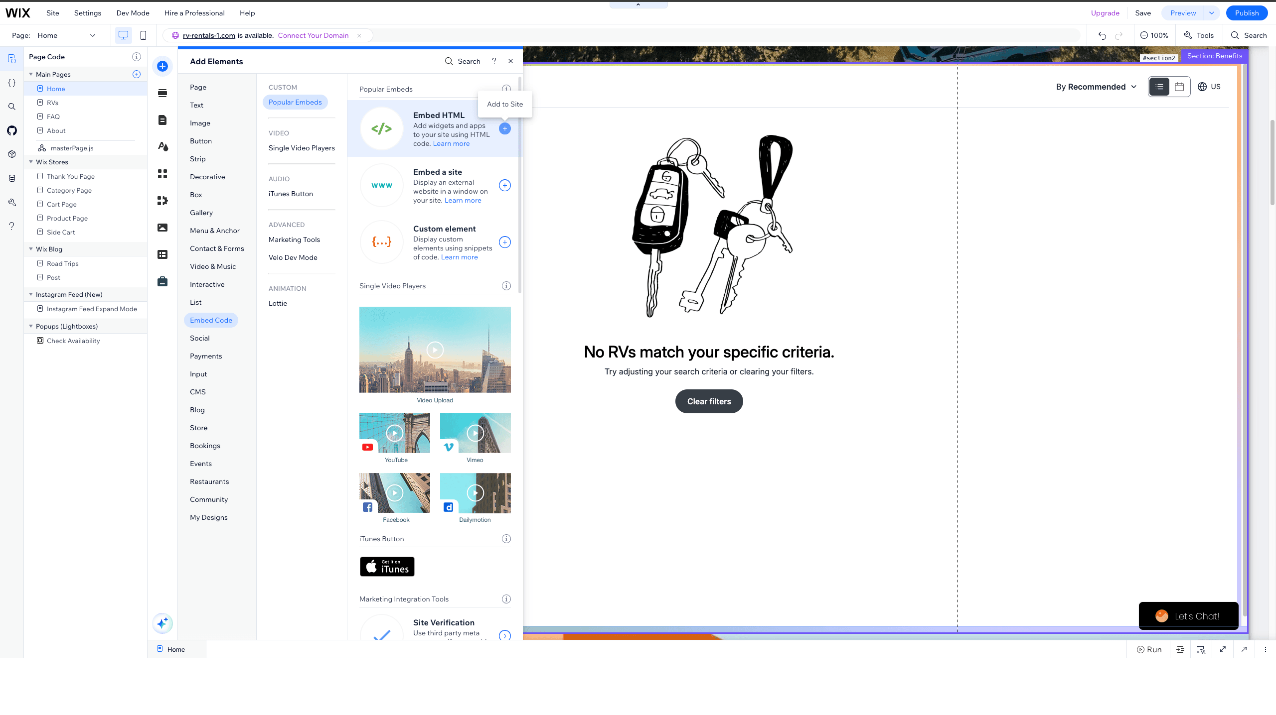 Adding an Embed HTML block from the Embed Code menu